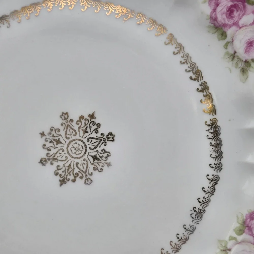 Set Of 5 Three Crown China Germany Floral Rose Salad / Dessert Plates Gold Gilt